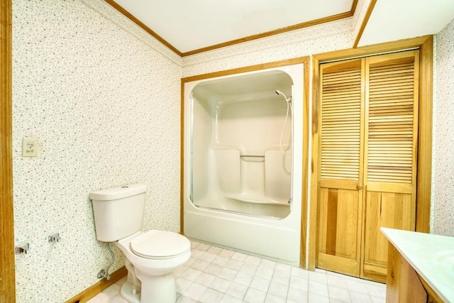 full bathroom featuring vanity, toilet, bathtub / shower combination, and ornamental molding