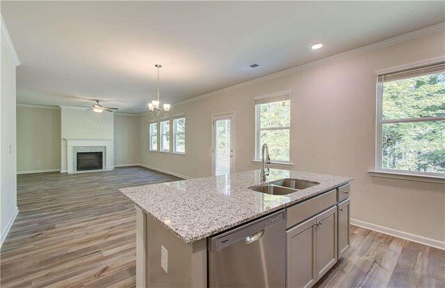 kitchen with dishwasher, plenty of natural light, a kitchen island with sink, and sink