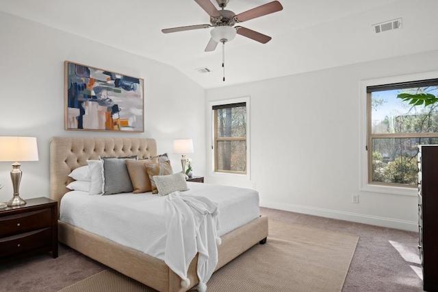 bedroom featuring baseboards, visible vents, vaulted ceiling, and carpet flooring