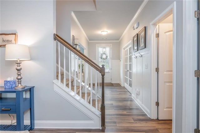 48 Violet Ln, Dallas, GA 30132 - entryway featuring crown molding, stairs, wood finished floors, and baseboards