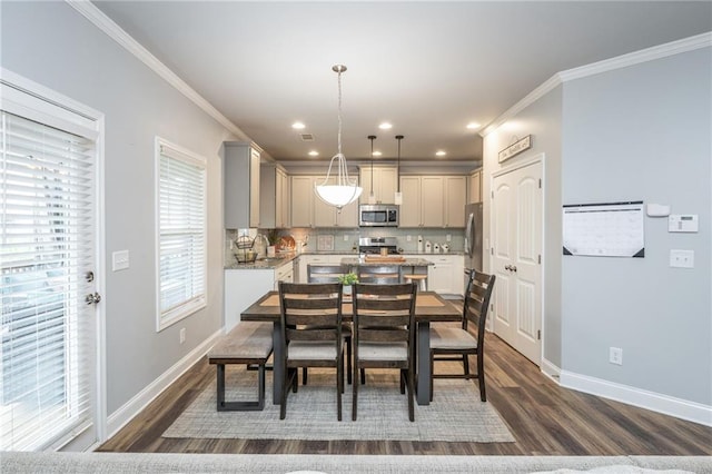 48 Violet Ln, Dallas, GA 30132 - dining area featuring dark wood-type flooring, crown molding, baseboards, and recessed lighting