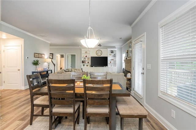 48 Violet Ln, Dallas, GA 30132 - dining room featuring light wood-type flooring, ornamental molding, a fireplace, built in features, and baseboards