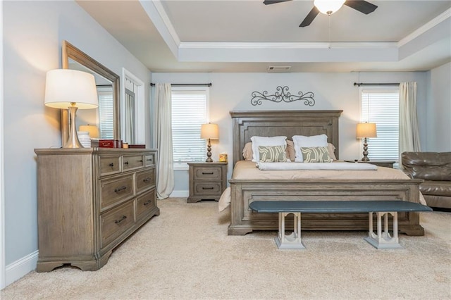 48 Violet Ln, Dallas, GA 30132 - bedroom featuring light carpet, crown molding, baseboards, ceiling fan, and a raised ceiling