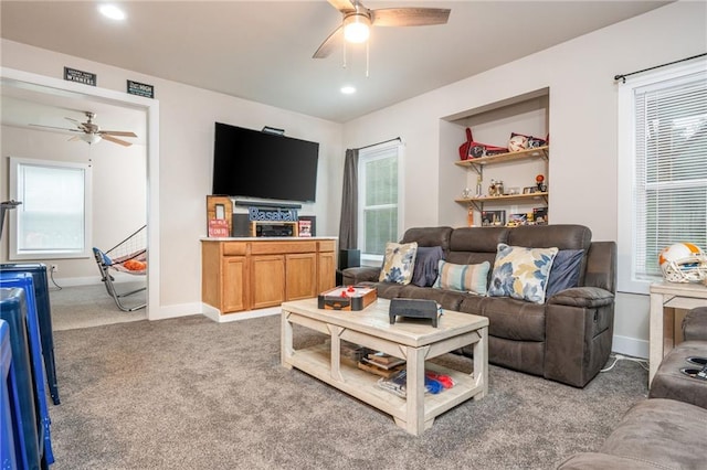 48 Violet Ln, Dallas, GA 30132 - carpeted living area featuring a ceiling fan, baseboards, and recessed lighting