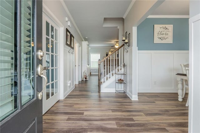 48 Violet Ln, Dallas, GA 30132 - foyer entrance featuring a decorative wall, ornamental molding, wood finished floors, stairs, and a ceiling fan