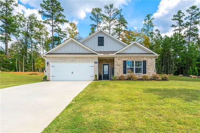 craftsman inspired home with a garage and a front lawn