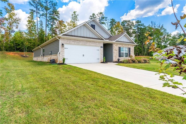 craftsman inspired home with a garage and a front lawn