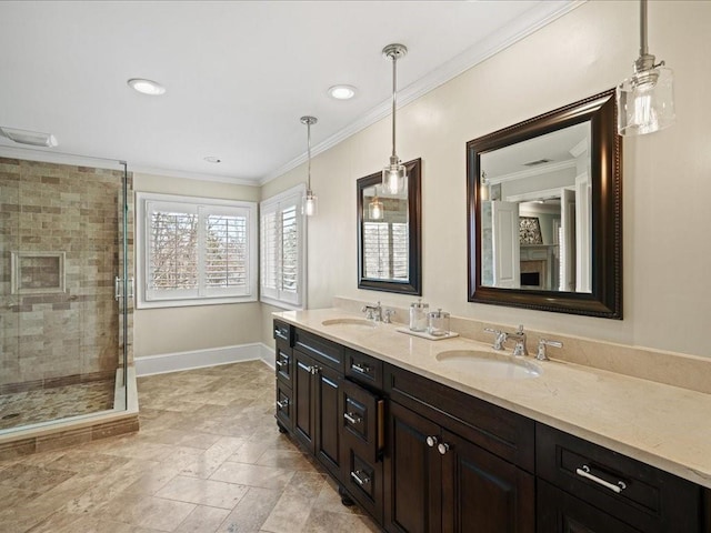 bathroom with vanity, an enclosed shower, and ornamental molding