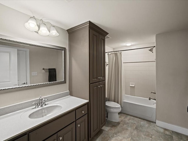 full bathroom featuring vanity, toilet, and shower / bathtub combination with curtain