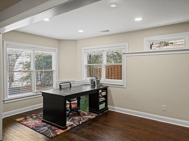 home office featuring dark hardwood / wood-style floors