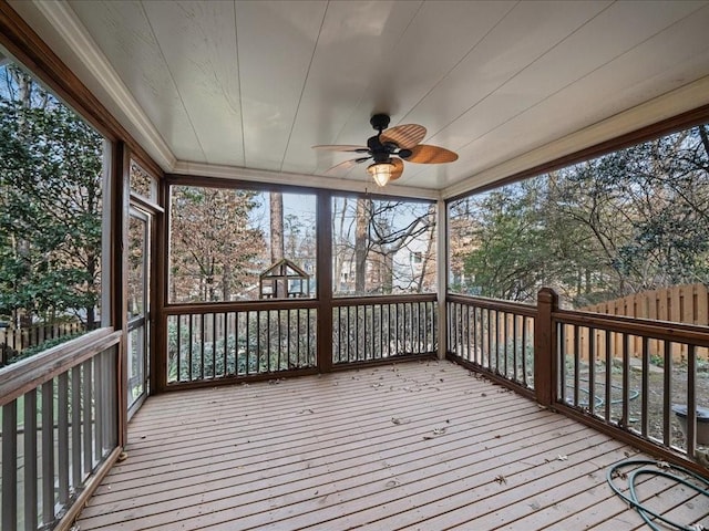 wooden deck with ceiling fan