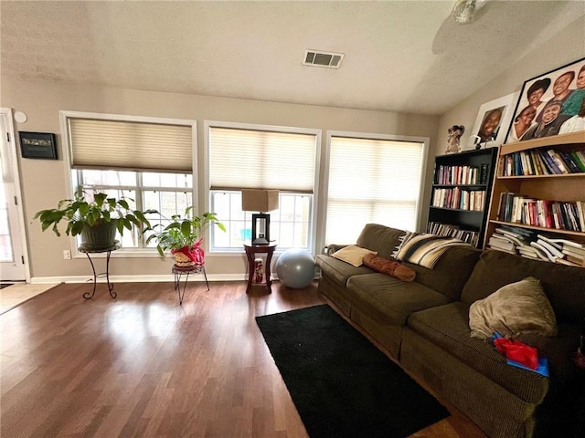 living room featuring lofted ceiling and dark hardwood / wood-style floors