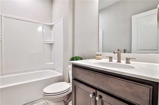 full bath with tile patterned floors, toilet,  shower combination, and vanity