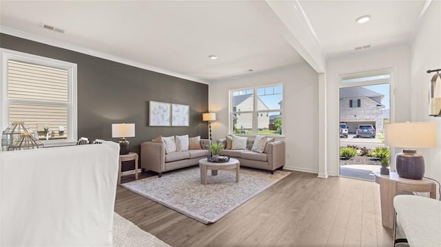 living room featuring light wood-type flooring, ornamental molding, and a fireplace