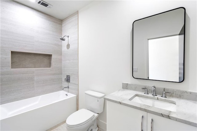 full bath featuring toilet, shower / bathing tub combination, vanity, and visible vents