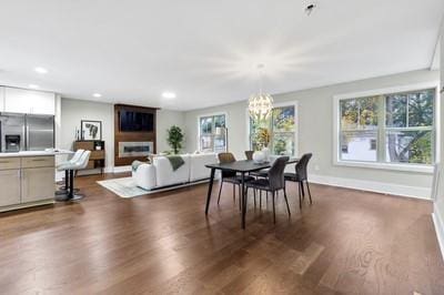 dining space with a chandelier and dark hardwood / wood-style floors