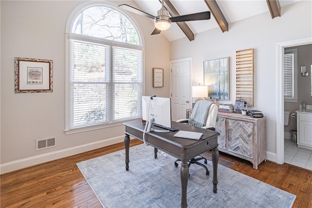 office area featuring visible vents, vaulted ceiling with beams, ceiling fan, and wood finished floors