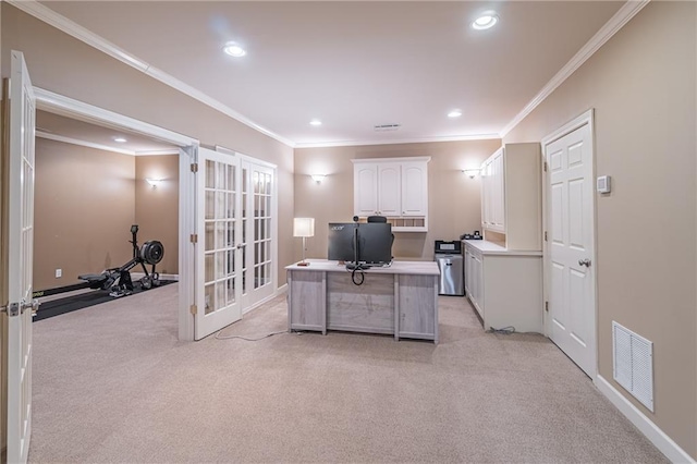 office featuring visible vents, recessed lighting, french doors, crown molding, and light colored carpet