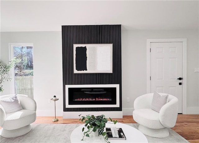 living room with a large fireplace and hardwood / wood-style floors