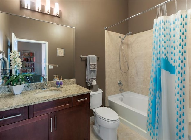 full bathroom with toilet, vanity, shower / tub combo with curtain, and tile flooring