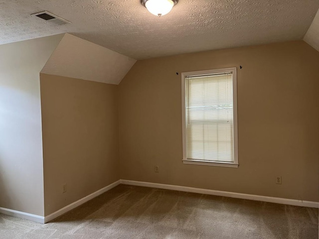 additional living space with vaulted ceiling, carpet floors, and a textured ceiling