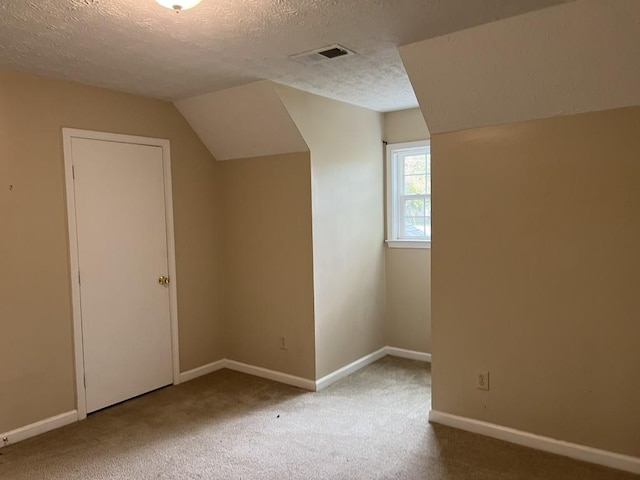 additional living space with a textured ceiling, lofted ceiling, and carpet