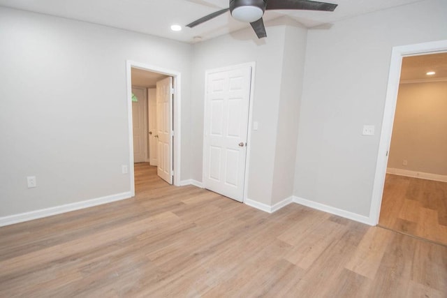 1402 Elm St, Lagrange, GA 30240 - unfurnished bedroom featuring baseboards, recessed lighting, light wood finished floors, and a ceiling fan