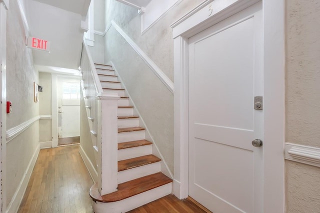 stairway with hardwood / wood-style flooring