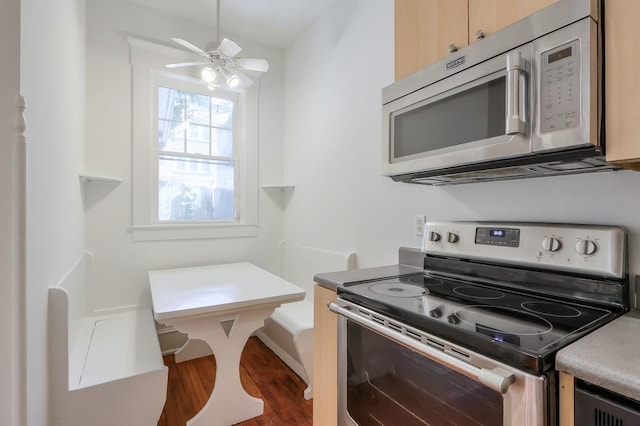 kitchen with stainless steel appliances, ceiling fan, and wood finished floors
