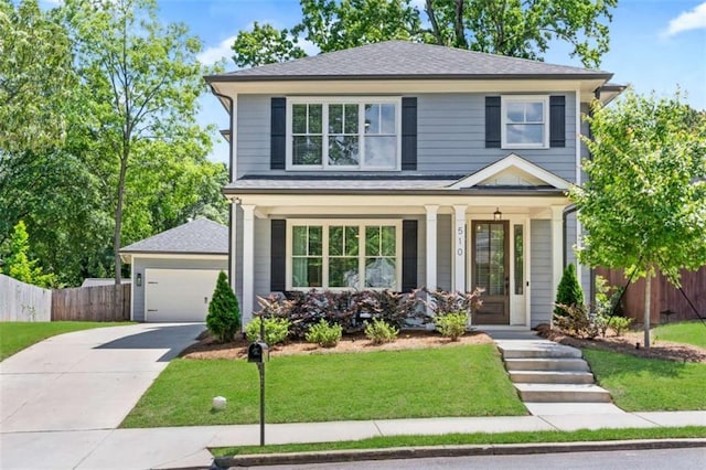 view of front of house featuring covered porch and a front lawn