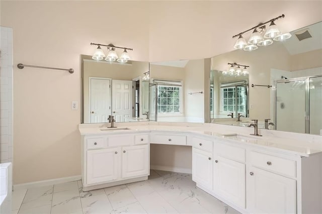 1713 Paramore Pl NE, Marietta, GA 30062 - full bath with a shower stall, marble look tiles, and double vanity