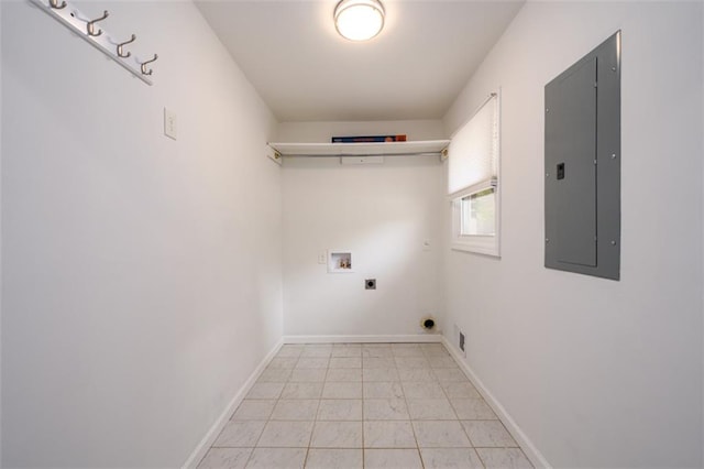 clothes washing area with washer hookup, electric panel, and hookup for an electric dryer