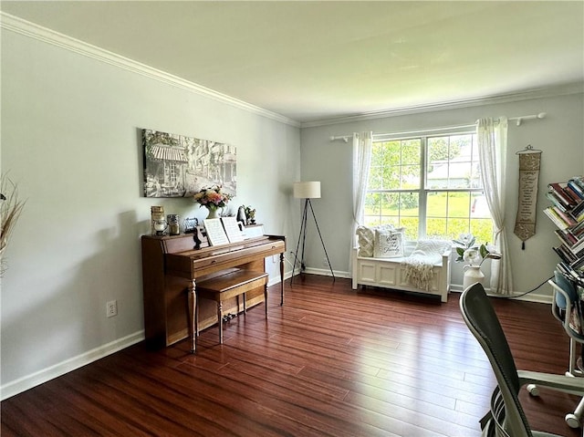 627 Arbour Way, Suwanee, GA 30024 - living area with a desk, dark wood-style flooring, ornamental molding, and baseboards