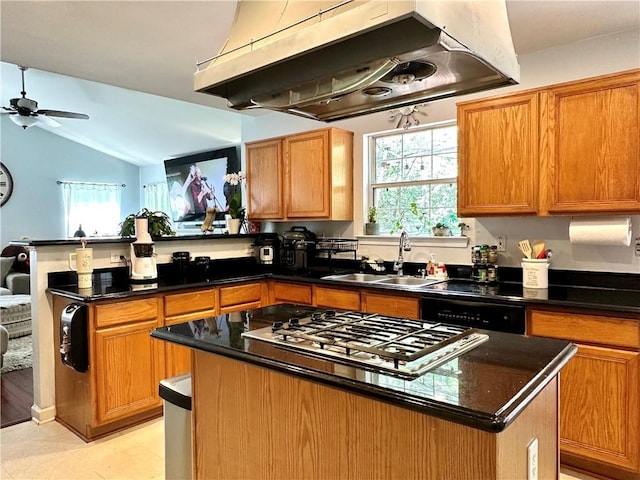627 Arbour Way, Suwanee, GA 30024 - kitchen with under cabinet range hood, a sink, a center island, stainless steel gas cooktop, and dishwasher