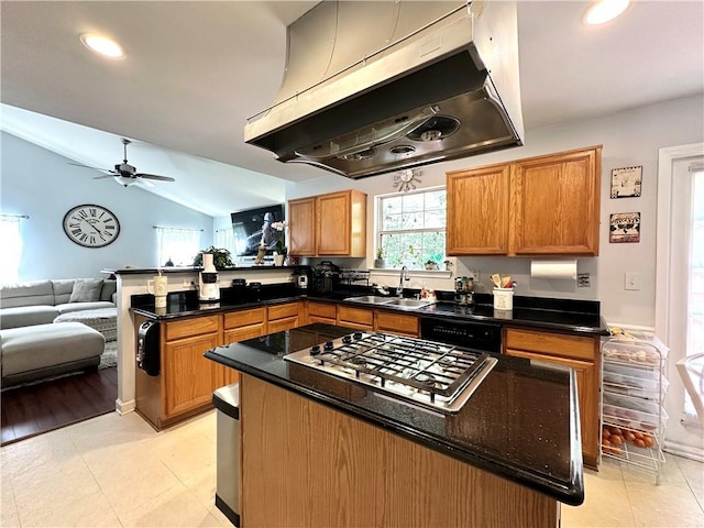 627 Arbour Way, Suwanee, GA 30024 - kitchen featuring under cabinet range hood, a sink, a peninsula, stainless steel gas stovetop, and open floor plan