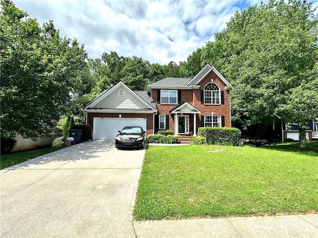 627 Arbour Way, Suwanee, GA 30024 - colonial-style house with brick siding, an attached garage, concrete driveway, and a front lawn