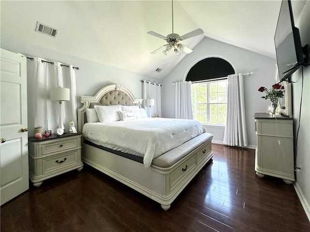 627 Arbour Way, Suwanee, GA 30024 - bedroom featuring dark wood-style floors, lofted ceiling, ceiling fan, and baseboards
