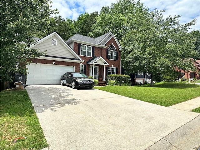 627 Arbour Way, Suwanee, GA 30024 - traditional-style home featuring driveway, brick siding, a front lawn, and a garage