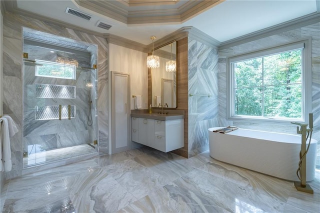 full bathroom with a shower stall, visible vents, crown molding, and vanity