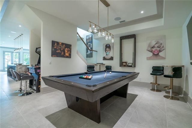 playroom featuring a tray ceiling, recessed lighting, pool table, visible vents, and baseboards