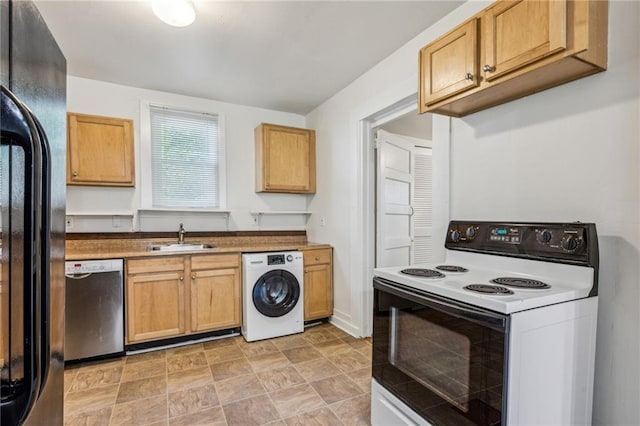 kitchen featuring electric stove, washer / dryer, stainless steel dishwasher, black fridge, and a sink