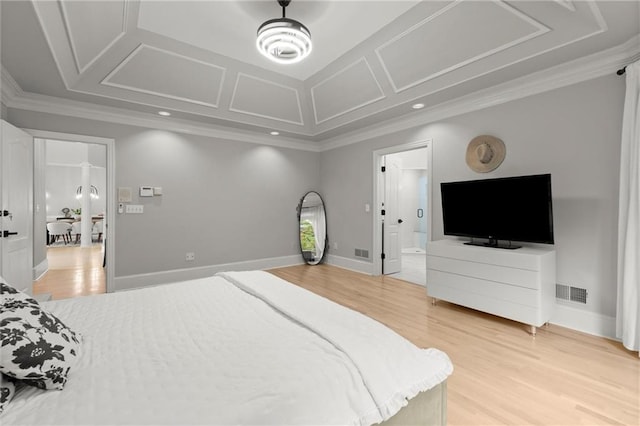 bedroom featuring light wood-style floors, visible vents, coffered ceiling, baseboards, and ornamental molding