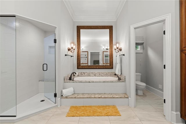 full bath featuring tiled bath, a shower stall, toilet, and crown molding