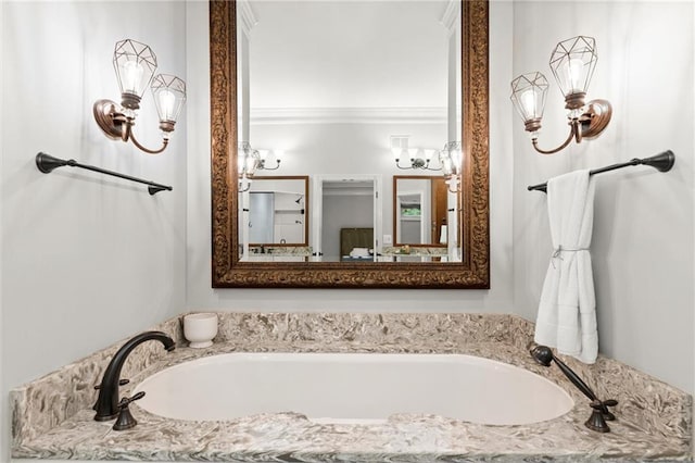 full bathroom with ornamental molding and a garden tub