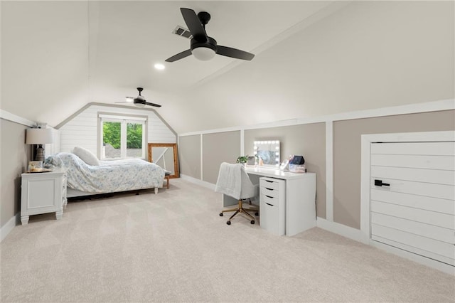 bedroom featuring baseboards, ceiling fan, carpet, and lofted ceiling