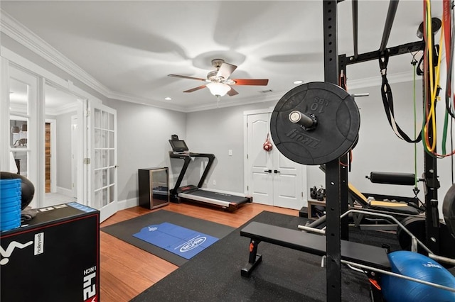 workout area with recessed lighting, wood finished floors, a ceiling fan, ornamental molding, and french doors
