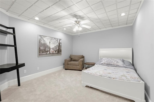 carpeted bedroom with baseboards, recessed lighting, and ceiling fan