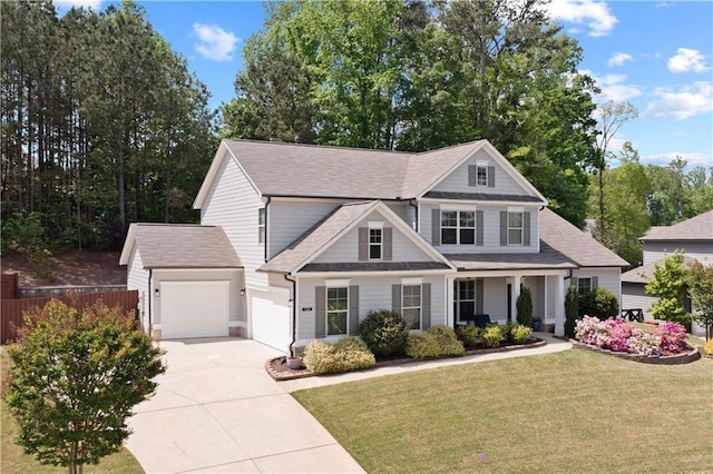 view of front facade with a garage, fence, a front yard, a shingled roof, and concrete driveway