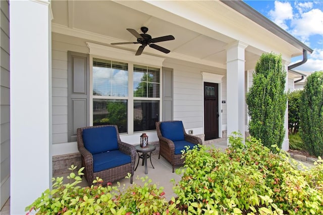 view of patio / terrace with a ceiling fan and a porch