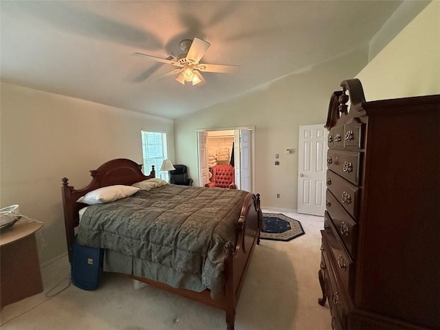 bedroom featuring a ceiling fan, baseboards, light carpet, and vaulted ceiling